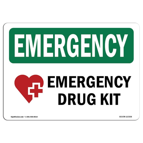 Safety Sign, OSHA EMERGENCY, 3.5" Height, Drug Kit, Landscape, 10PK